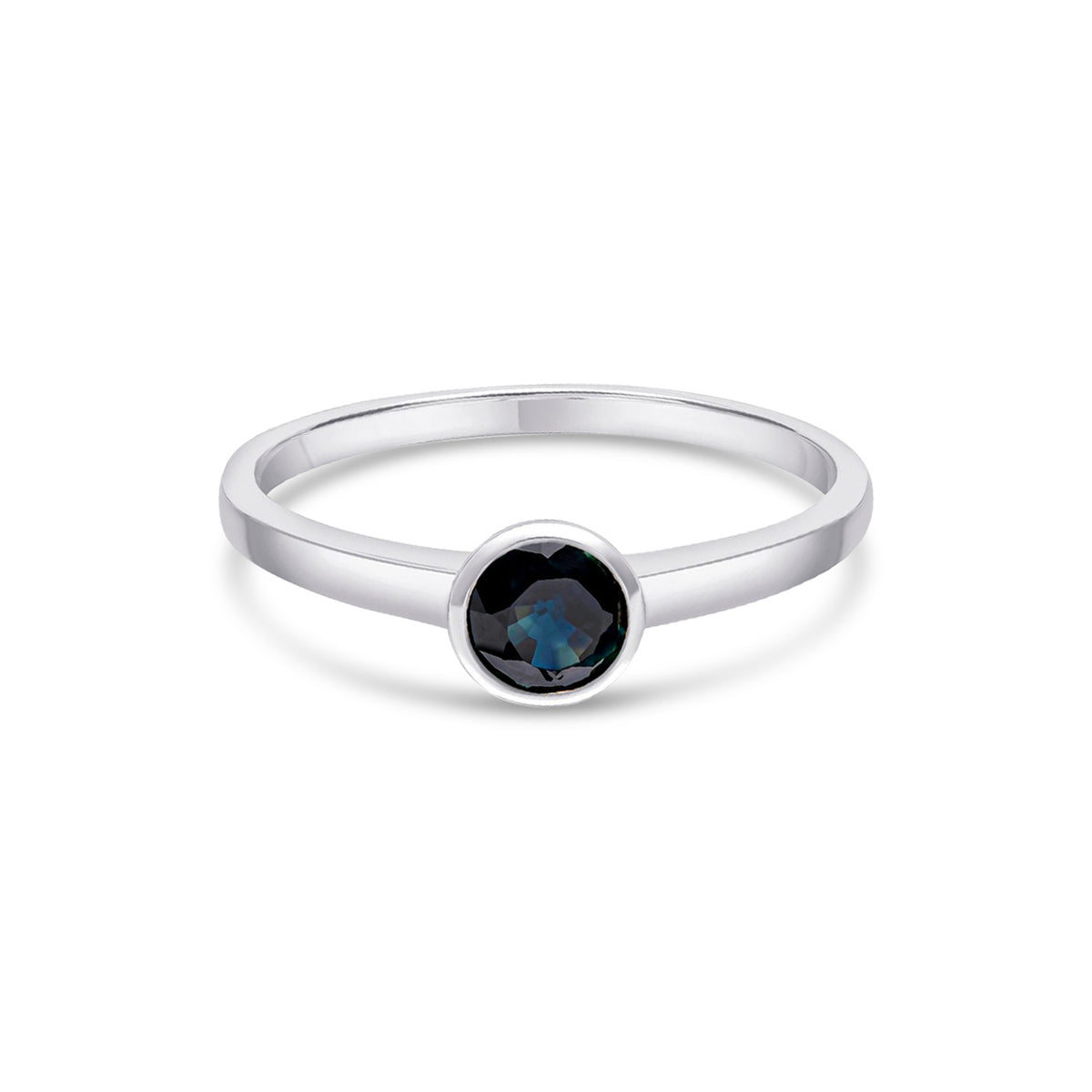 9ct White Gold Round Natural Sapphire Rubover Single Stone Ring
