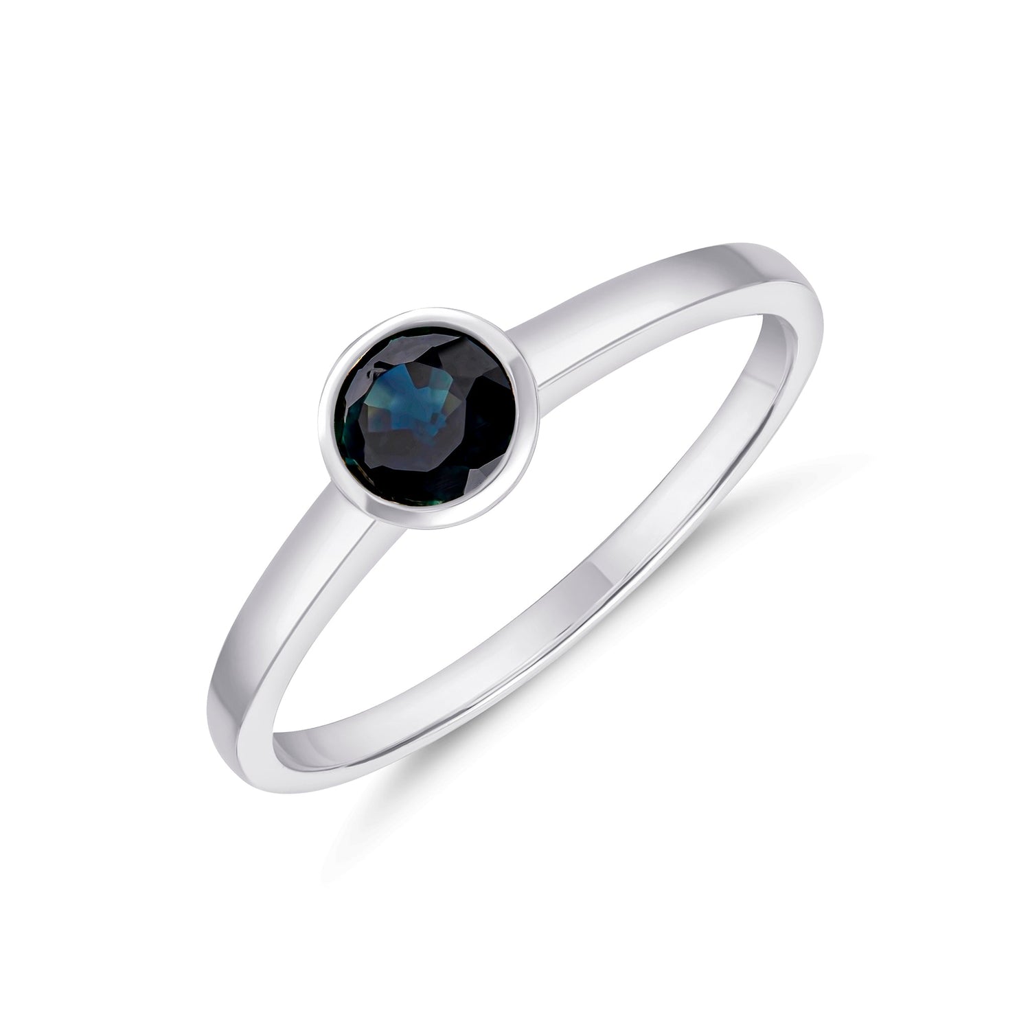 9ct White Gold Round Natural Sapphire Rubover Single Stone Ring — 5mm