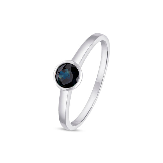 9ct White Gold Round Natural Sapphire Rubover Single Stone Ring