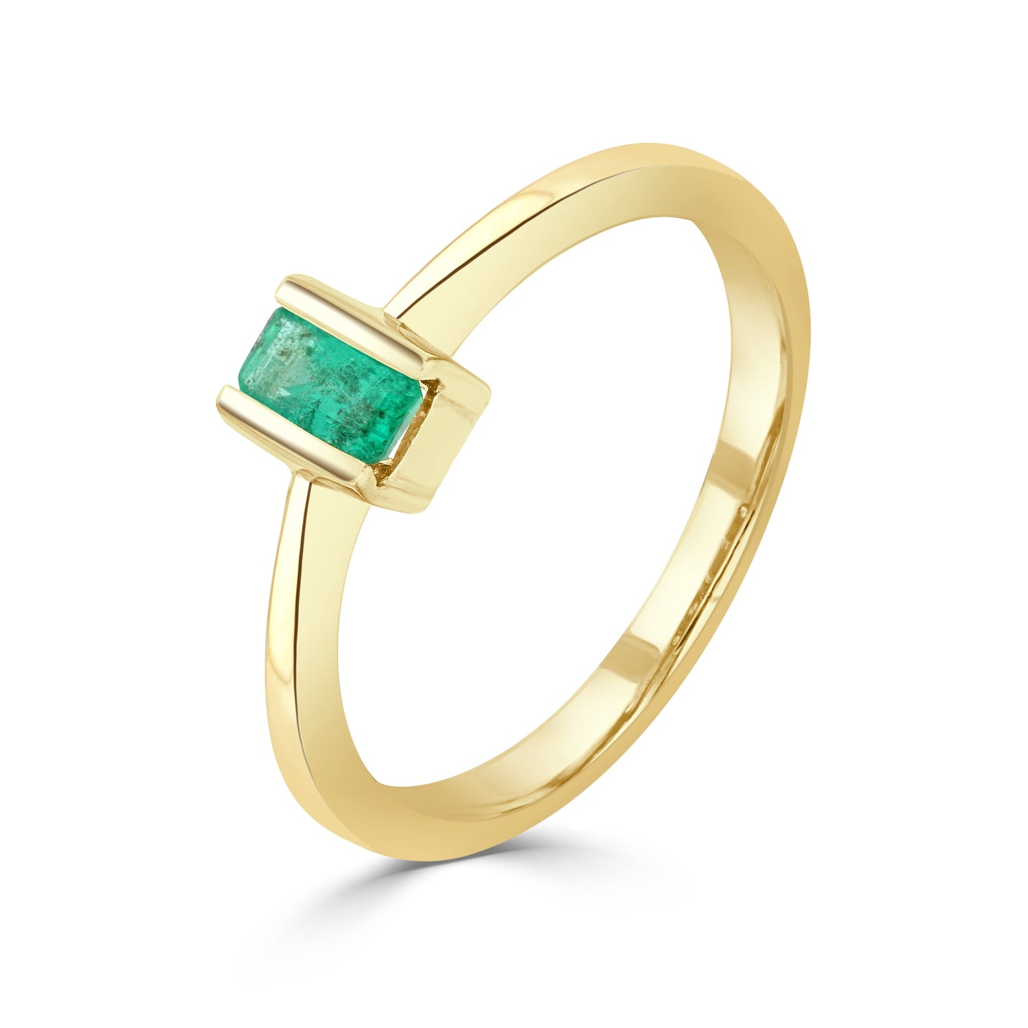 9ct Yellow Gold Octagonal Emerald Cut Natural Emerald Single Stone Bar Ring — 5x3mm
