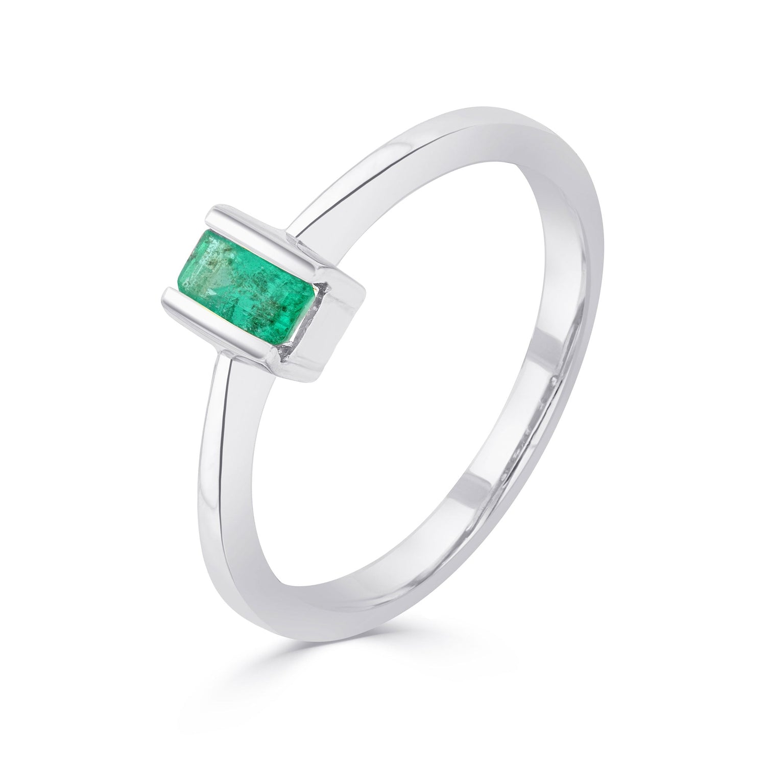 9ct White Gold Emerald Cut Natural Emerald Single Stone Bar Ring — 5x3mm