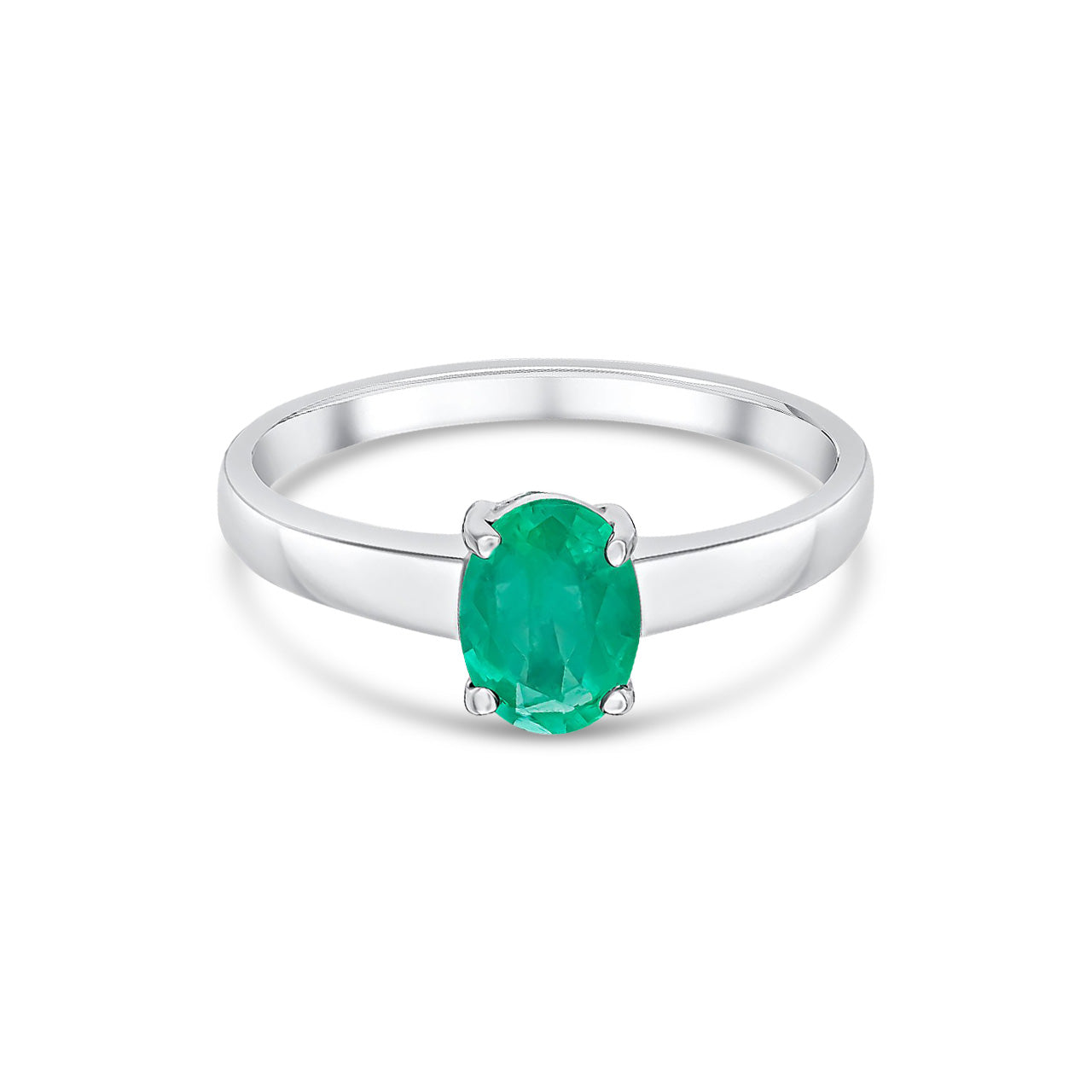 9ct White Gold Oval Natural Emerald Claw Single Stone Ring — 7x5mm