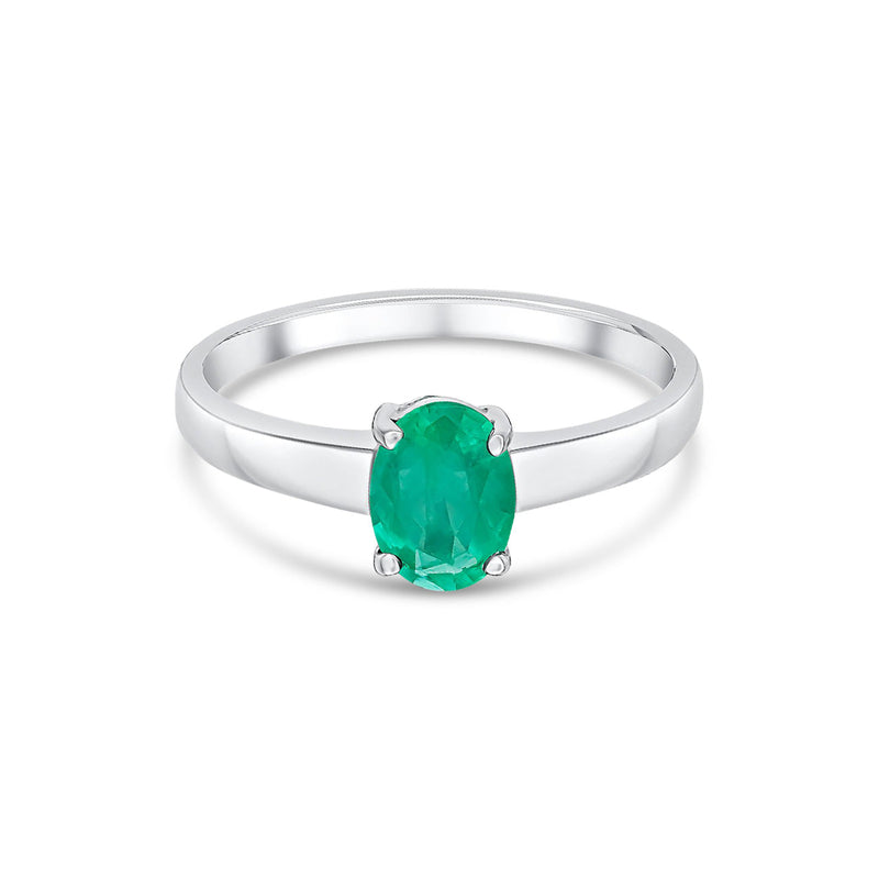 9ct White Gold Oval Natural Emerald Claw Single Stone Ring — 7x5mm