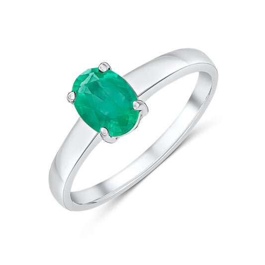 9ct White Gold Oval Natural Emerald Claw Set Single Stone Ring — 7x5mm