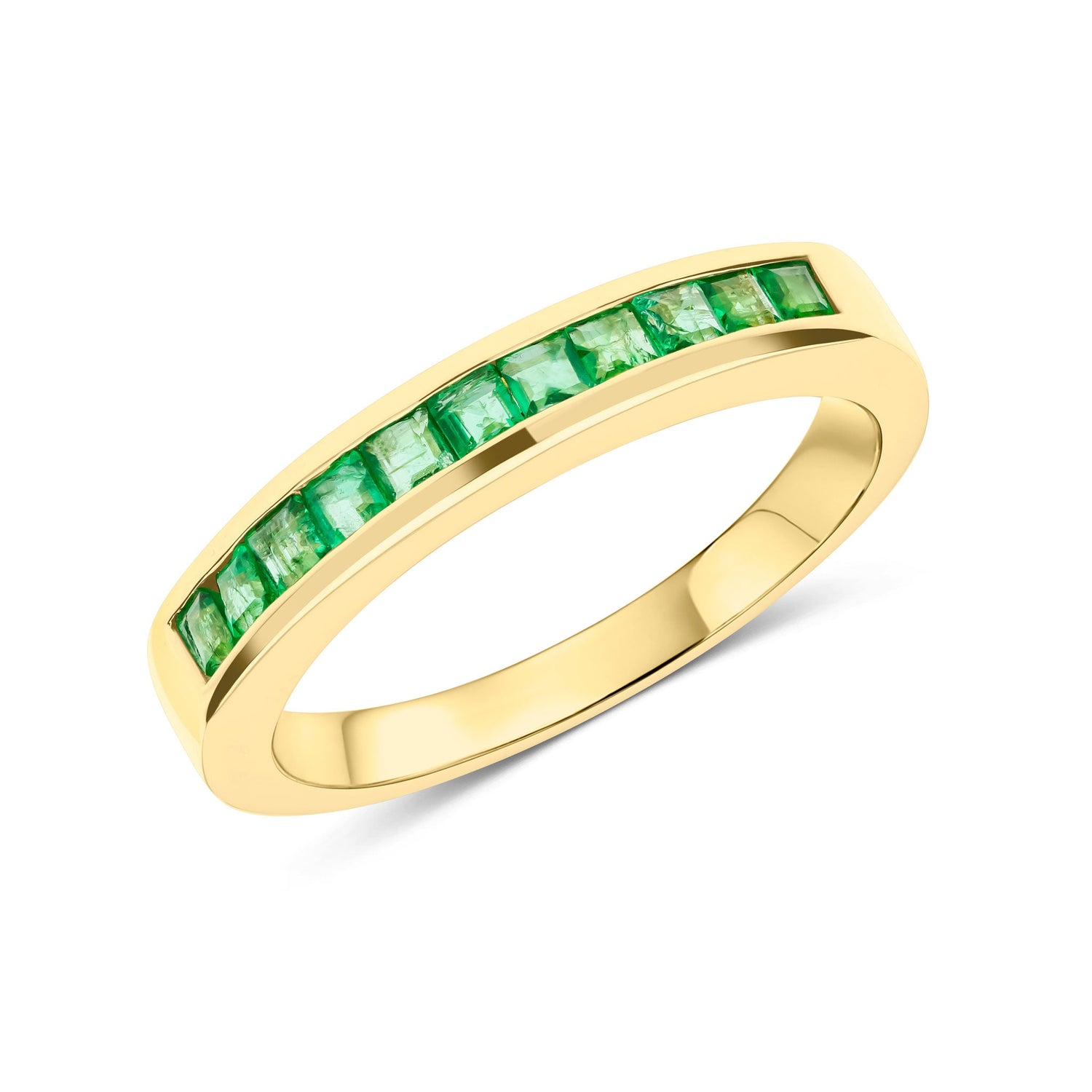 9ct Yellow Gold Square Natural Emerald Half Eternity Ring