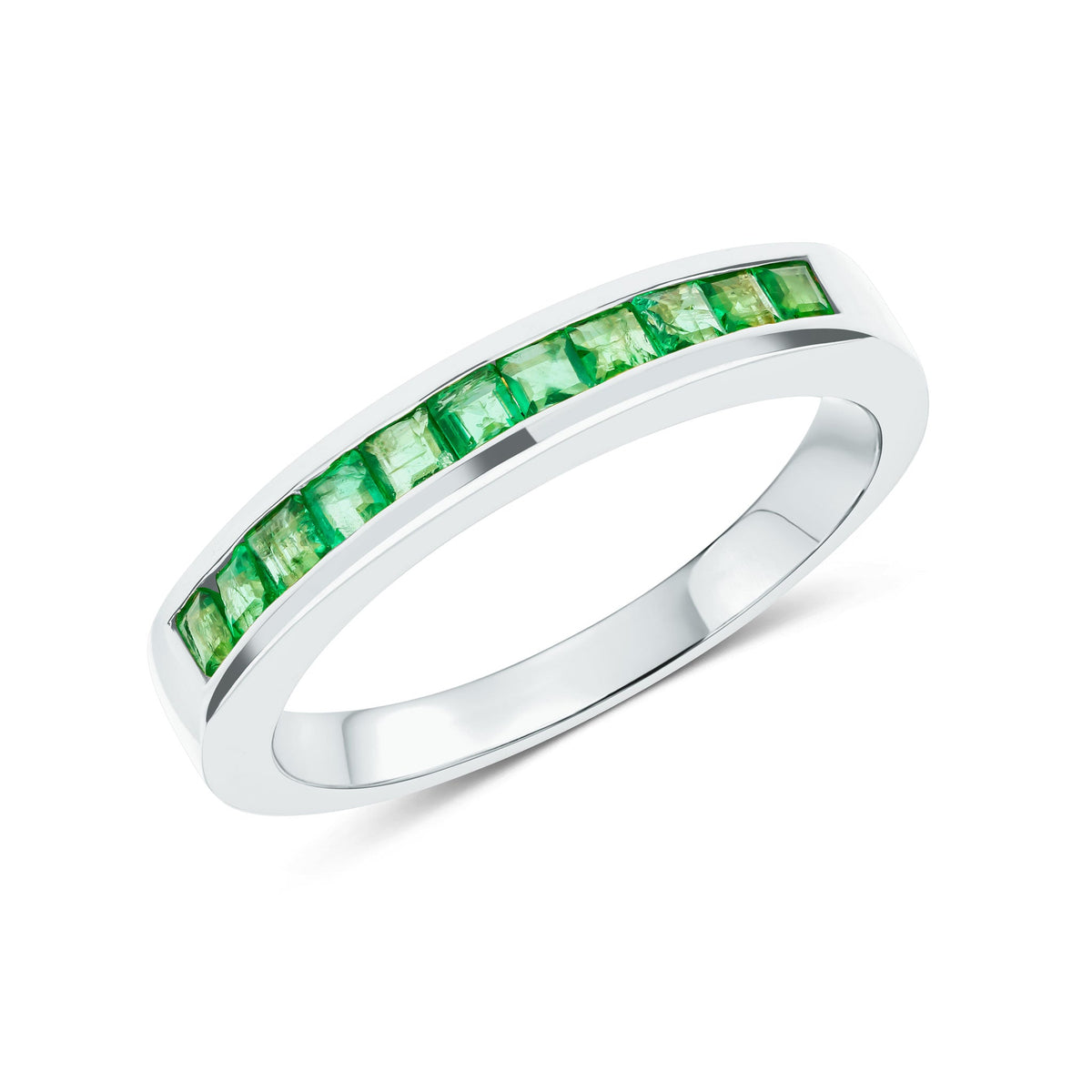 9ct White Gold Square Natural Emerald Half Eternity Ring