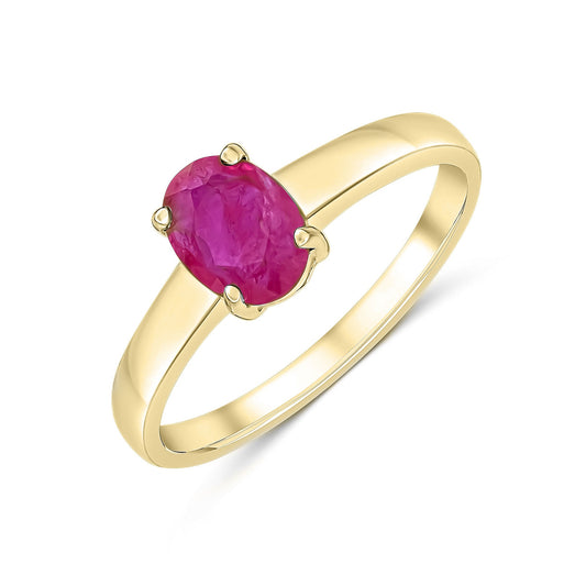 9ct Yellow Gold Oval Ruby Claw Set Single Stone Ring — 7x5mm