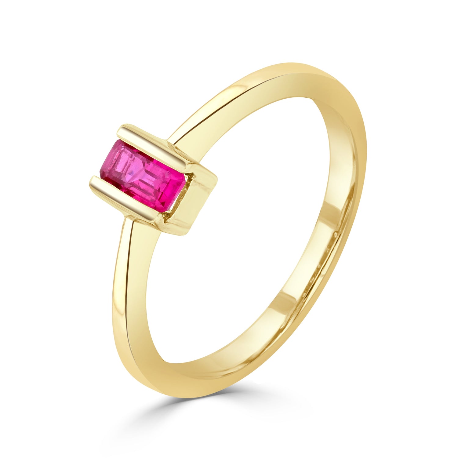 9ct Yellow Gold Octagonal Emerald Cut Natural Ruby Single Stone Bar Ring — 5x3mm