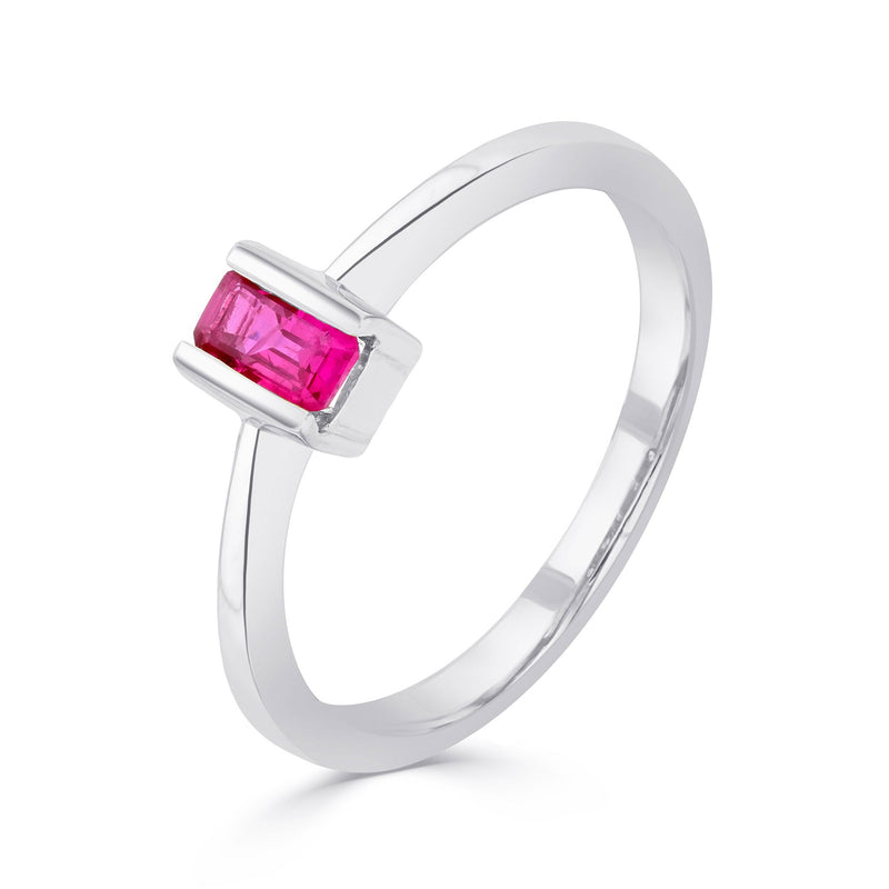 9ct White Gold Octagonal Natural Ruby Single Stone Bar Ring — 5 × 4mm