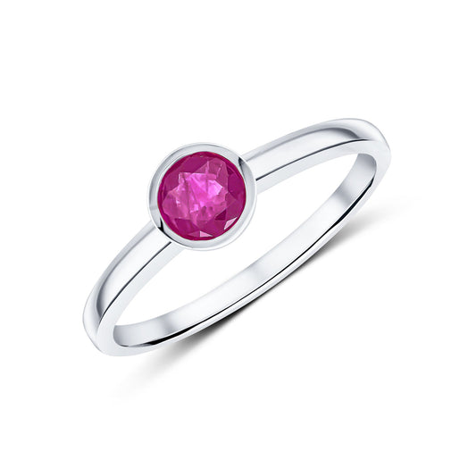9ct White Gold Round Natural Ruby Rubover Single Stone Ring — 5mm