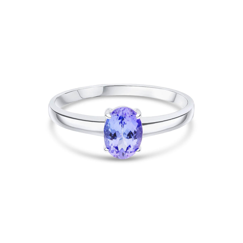 9ct White Gold Oval Natural Tanzanite Claw Single Stone Ring — 7x5mm