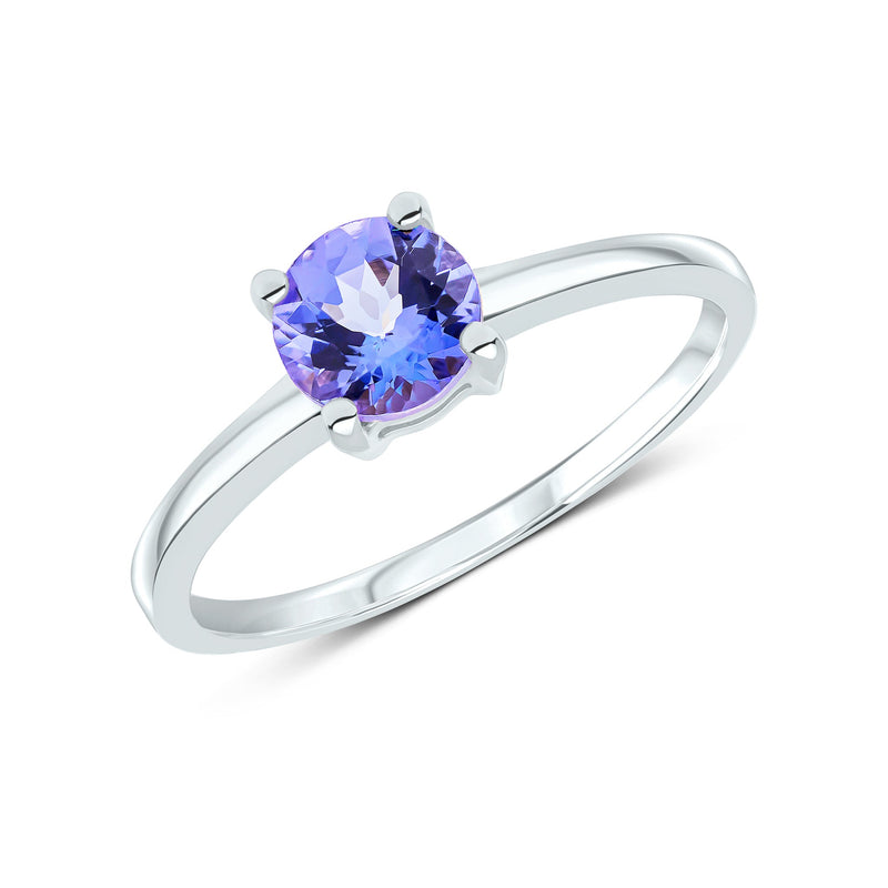 9ct White Gold Round Natural Tanzanite Claw Ring — 6mm