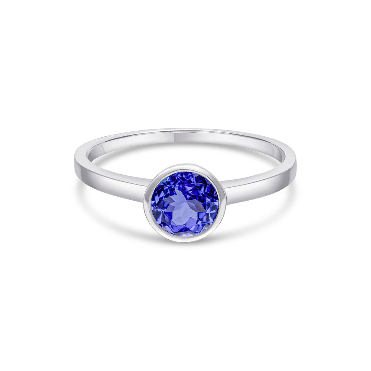 9ct White Gold Round Natural Tanzanite Rubover Ring — 6mm