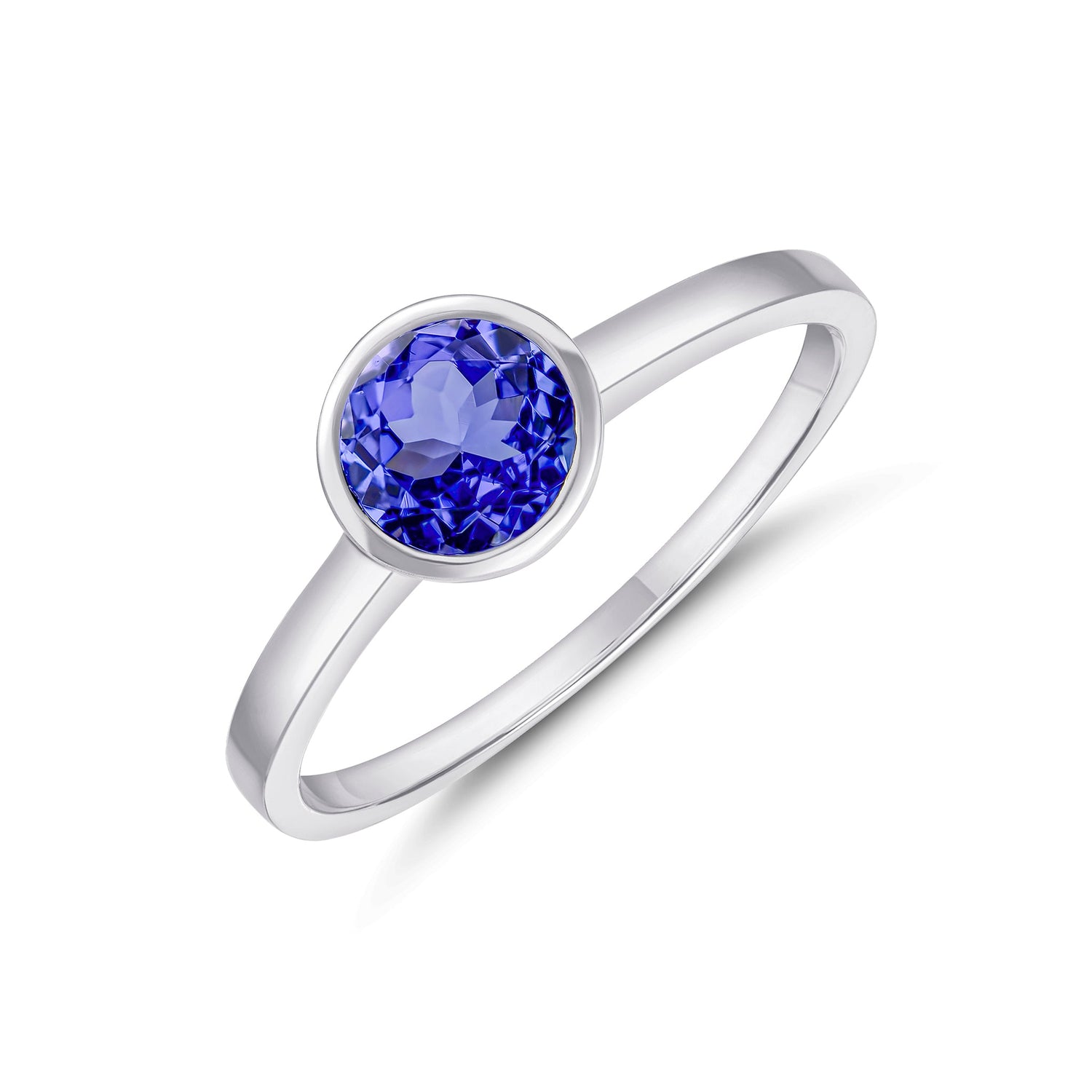 9ct White Gold Round Natural Tanzanite Rubover Ring — 6mm
