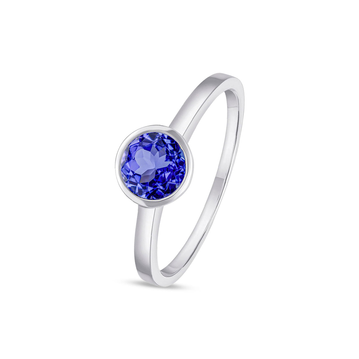 9ct White Gold Round Natural Tanzanite Rubover Ring — 6mm