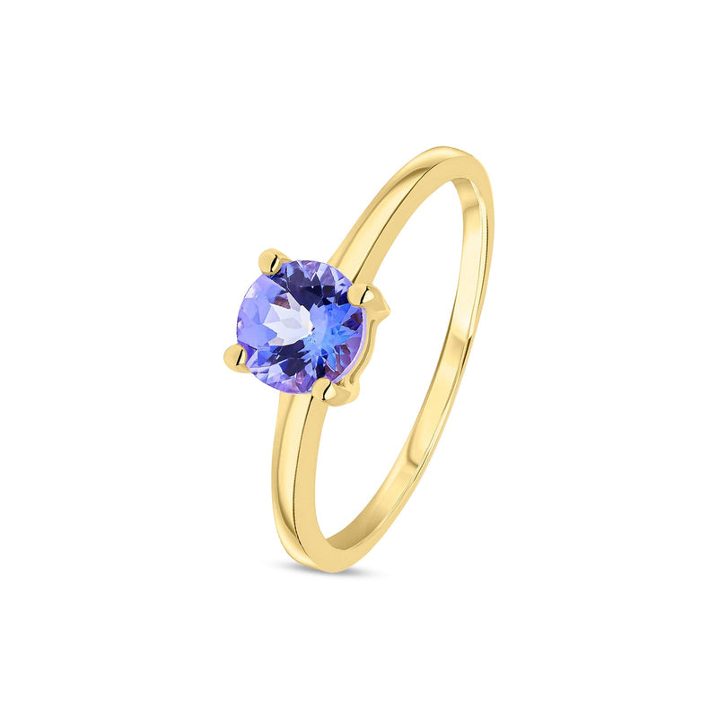 9ct Yellow Gold Round Natural Tanzanite Claw Single Stone Ring — 6mm