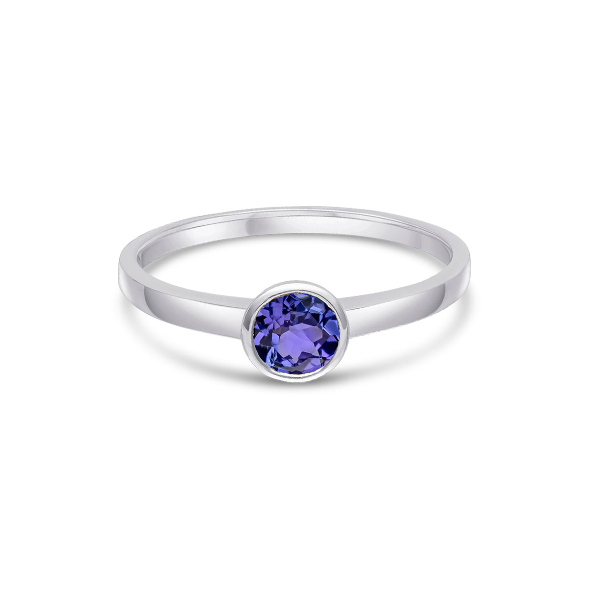 9ct White Gold Round Natural Tanzanite Rubover Single Stone Ring — 5mm