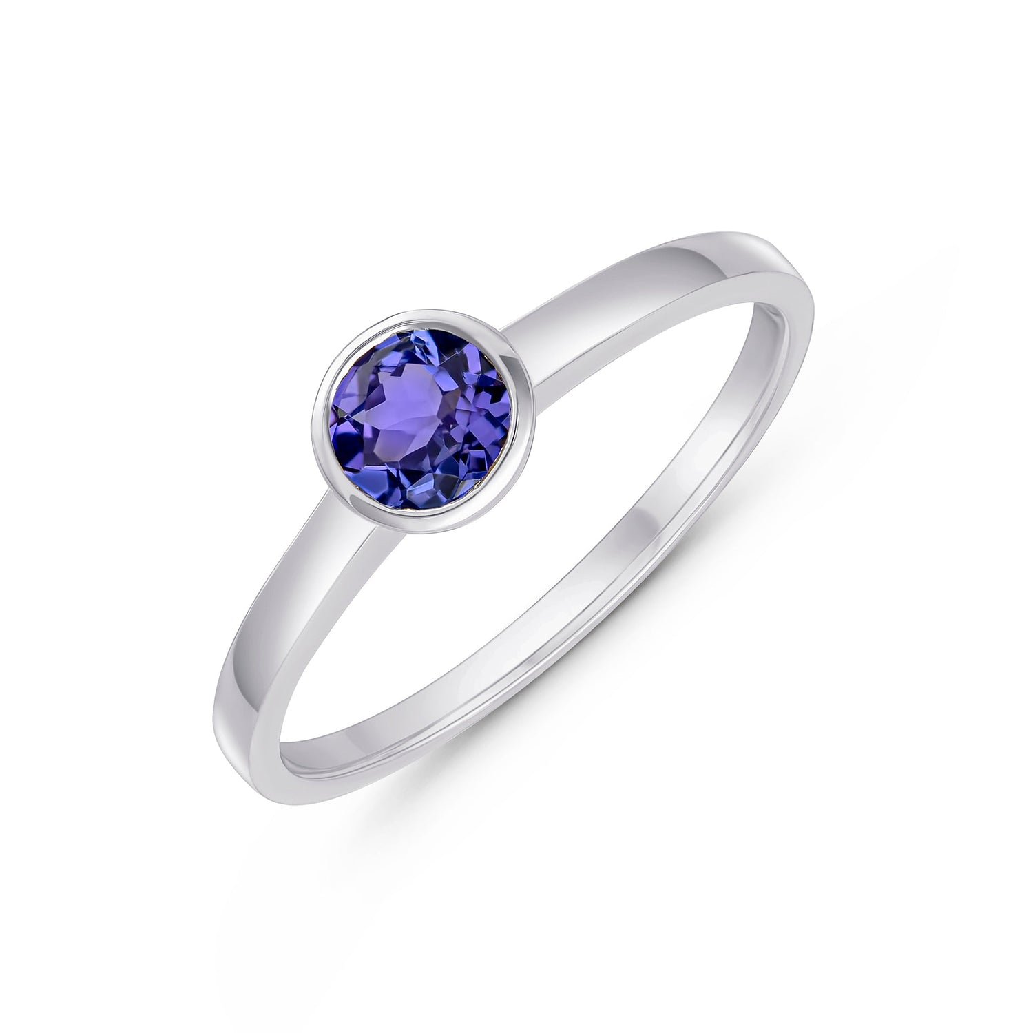 9ct White Gold Round Natural Tanzanite Rubover Single Stone Ring — 5mm