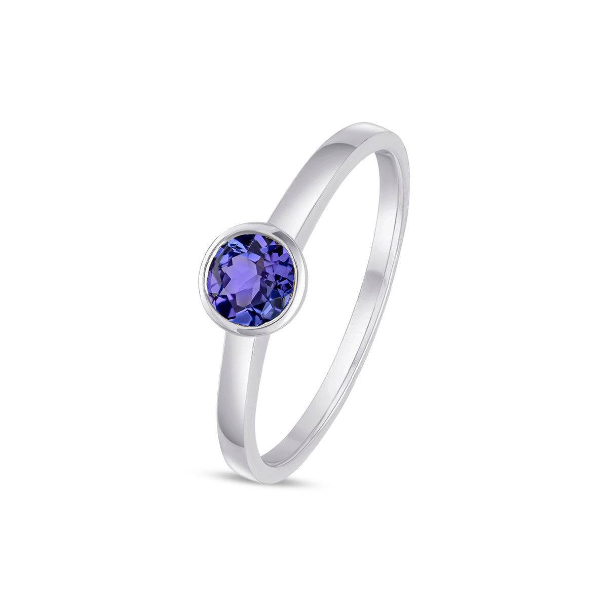 9ct White Gold Round Natural Tanzanite Rubover Single Stone Ring — 5mm