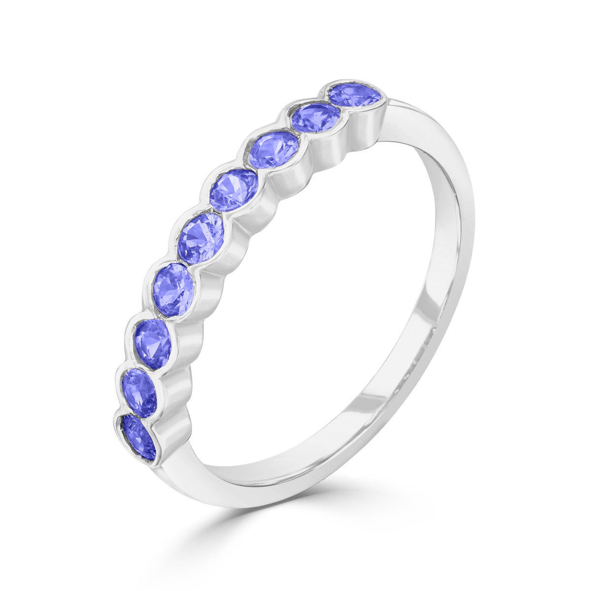 9ct White Gold Round Natural Tanzanite 9 Stone Rubover Scallop Ring