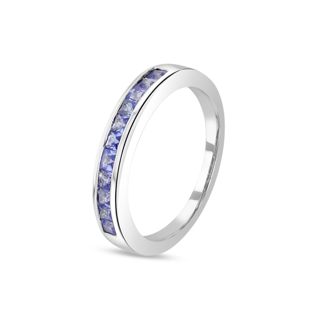 9ct White Gold Square Natural Tanzanite Eleven Stone Half Eternity Ring