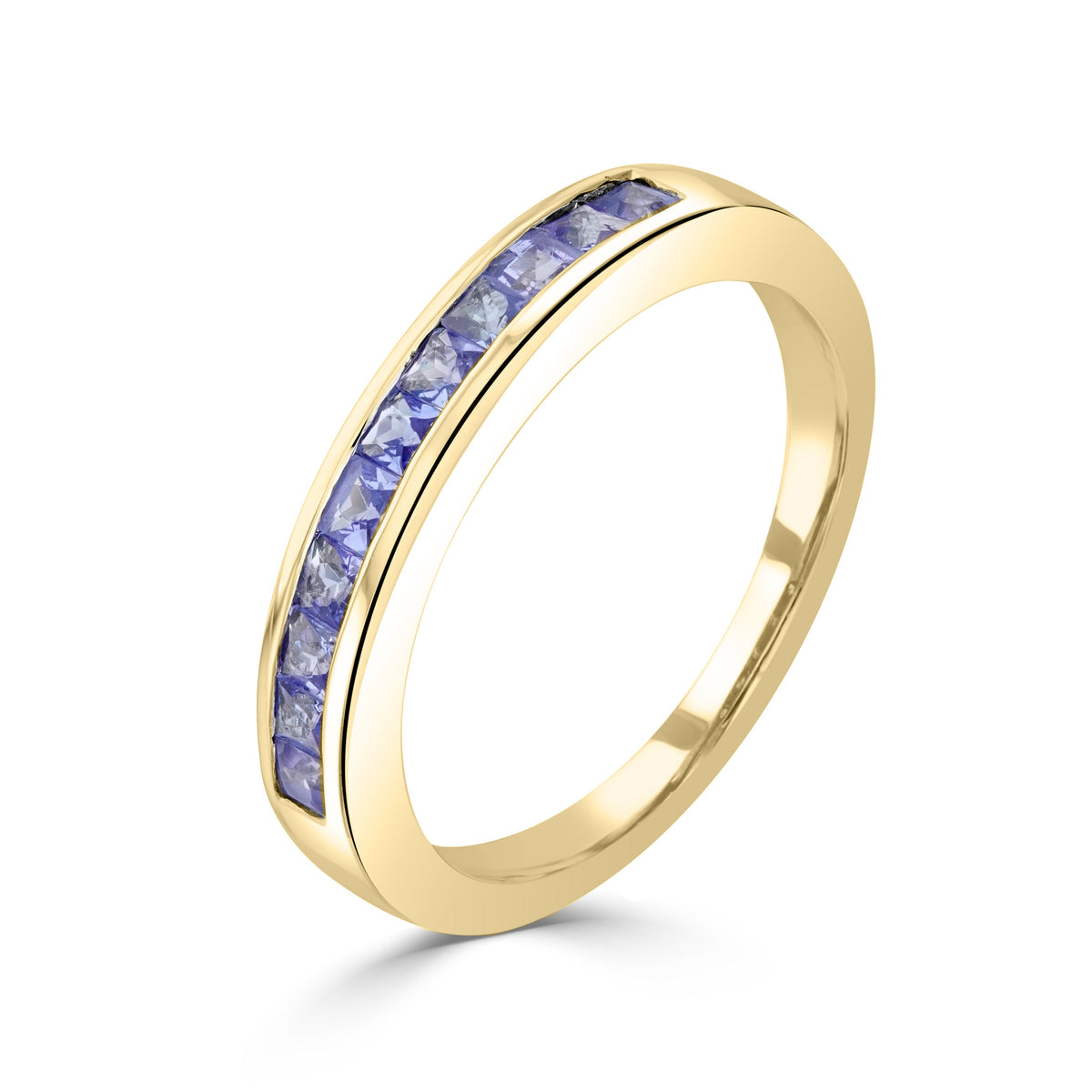 9ct Yellow Gold Square Natural Tanzanite Eleven Stone Half Eternity Ring