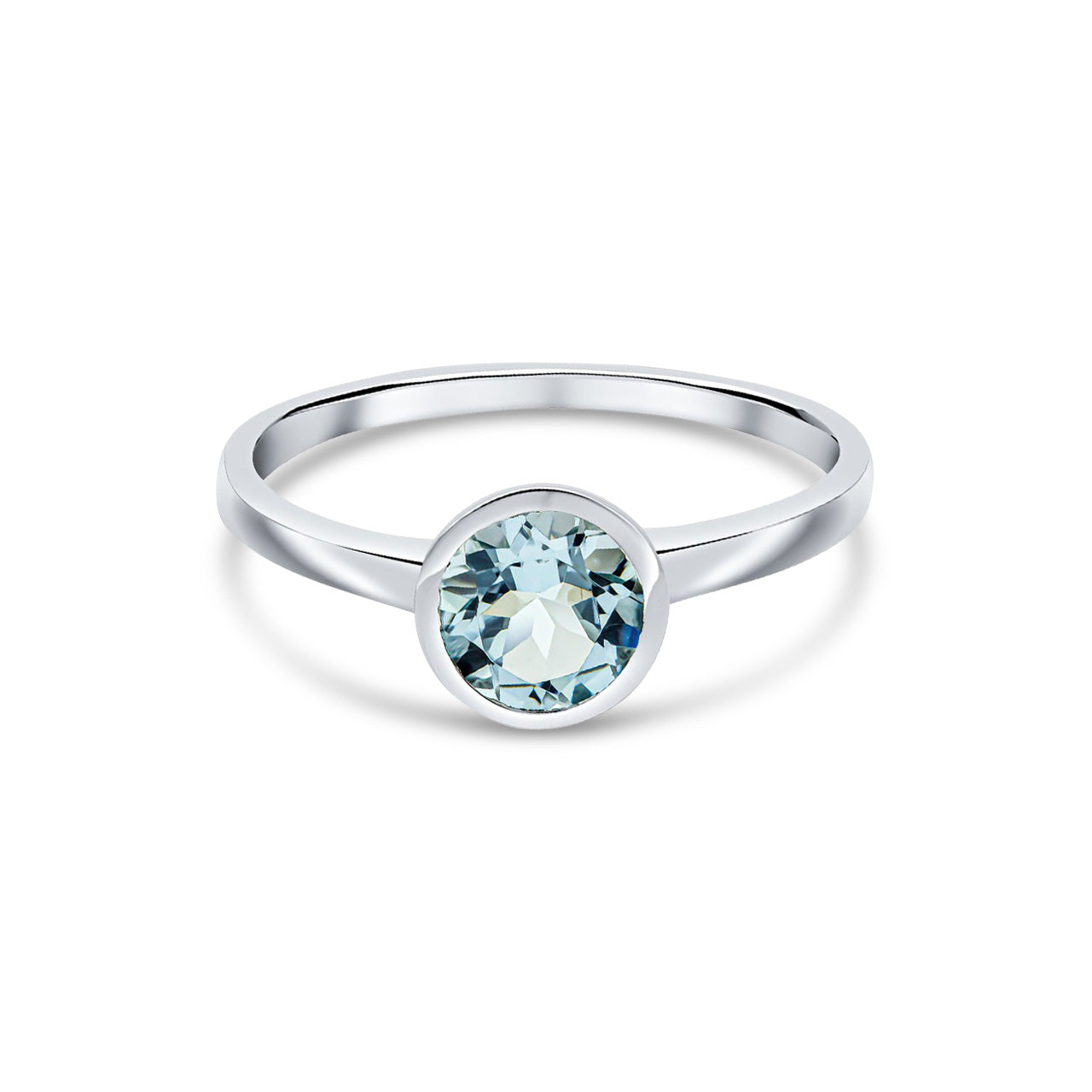 9ct White Gold Round Natural Aquamarine Rubover Ring