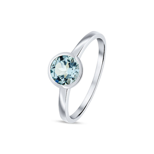 9ct White Gold Round Natural Aquamarine Rubover Ring