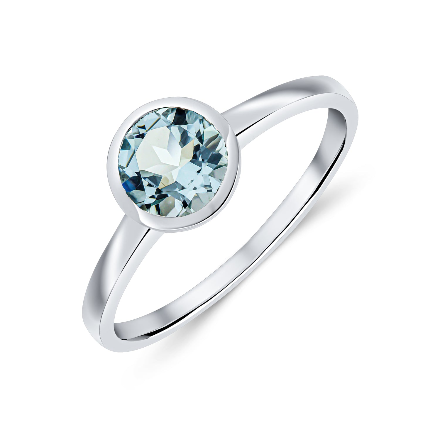 9ct White Gold Round Natural Aquamarine Rubover Ring — 6mm