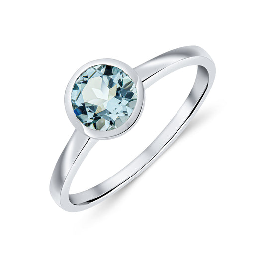 9ct White Gold Round Natural Aquamarine Rubover Ring — 6mm
