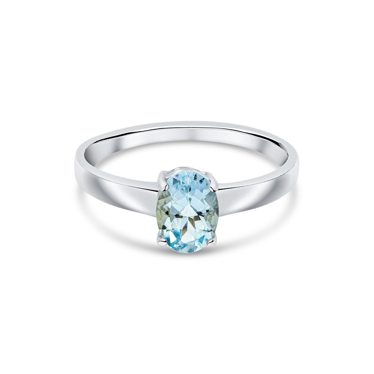 9ct White Gold Oval Natural Aquamarine Claw Single Stone Ring — 7x5mm