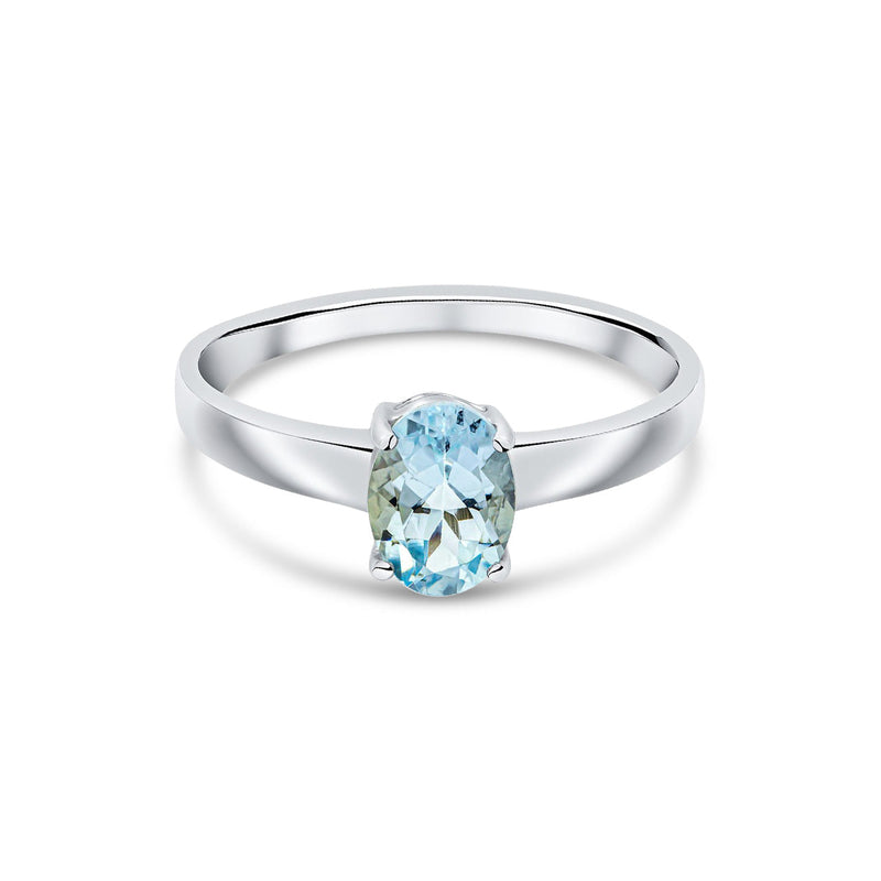 9ct White Gold Oval Natural Aquamarine Claw Single Stone Ring — 7x5mm