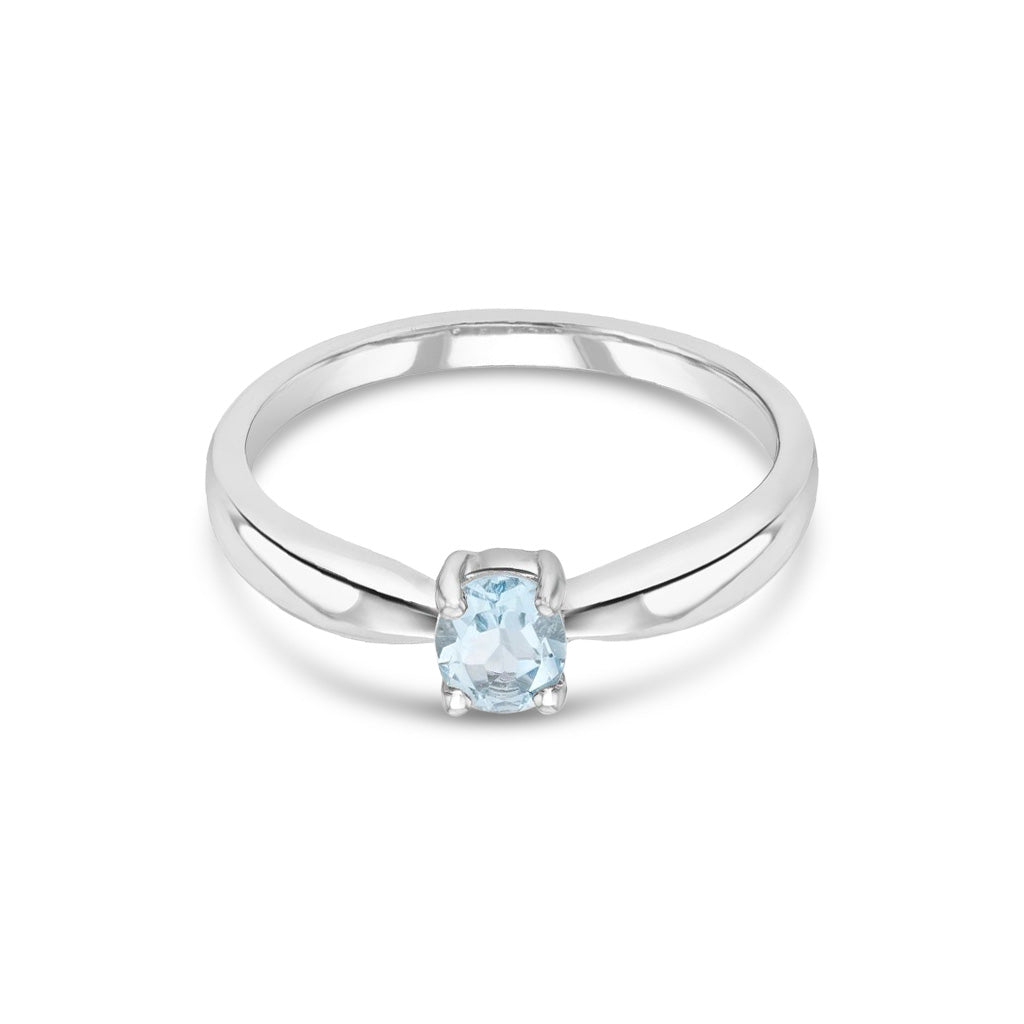 9ct White Gold Oval Natural Aquamarine Four Claw Single Stone Ring