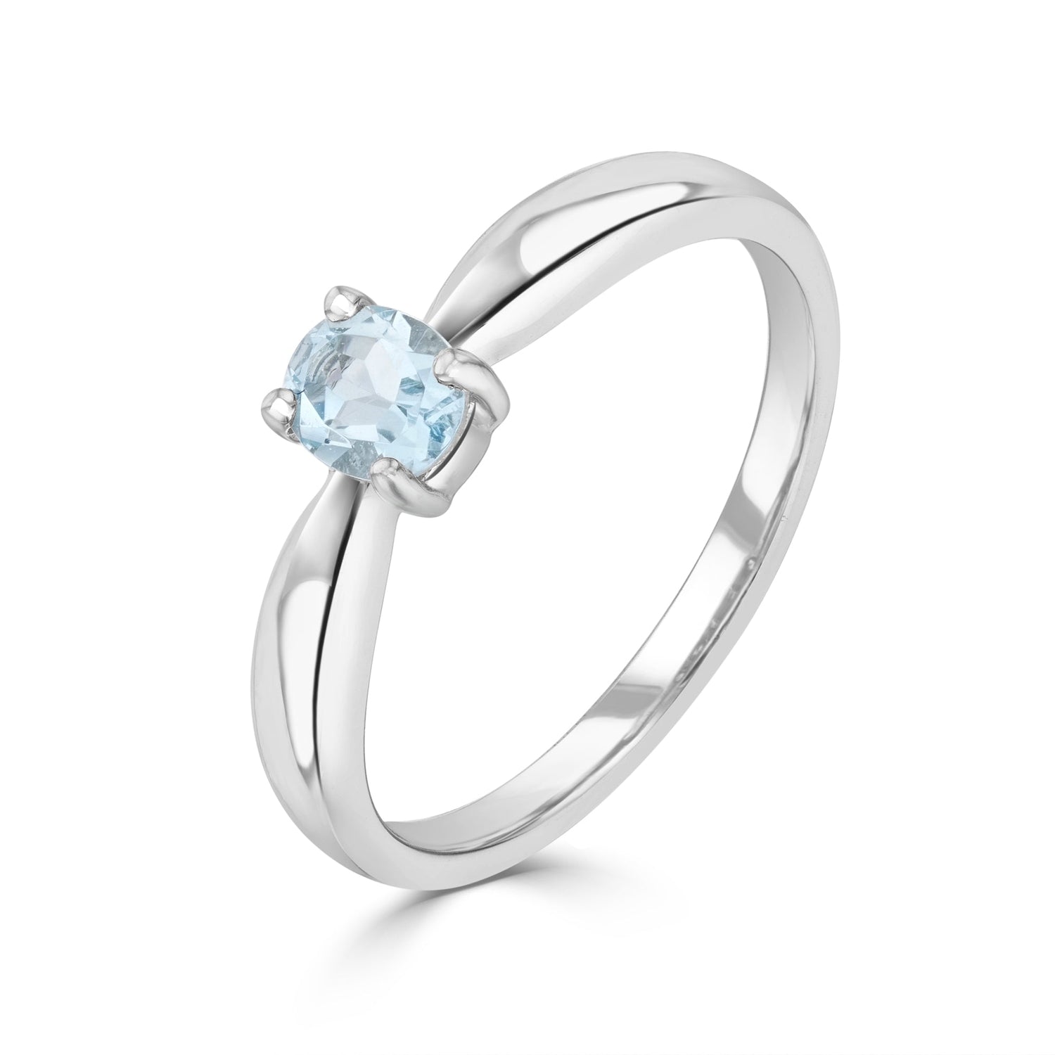 9ct White Gold Oval Aquamarine Four Claw Single Stone Ring — 5x4mm