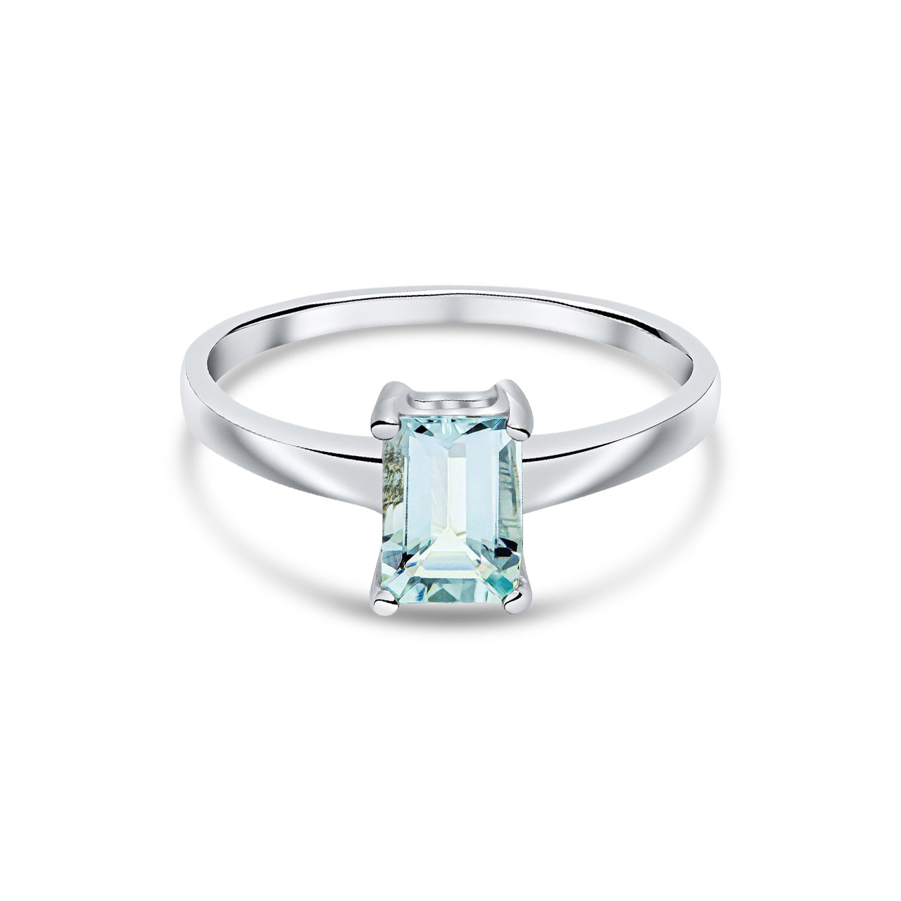 9ct White Gold Octagonal Emerald Cut Natural Aquamarine Claw Ring