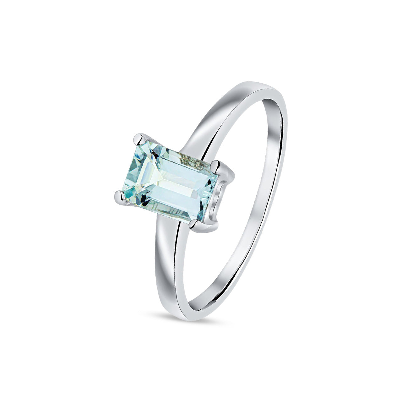 9ct White Gold Octagonal Emerald Cut Natural Aquamarine Claw Ring