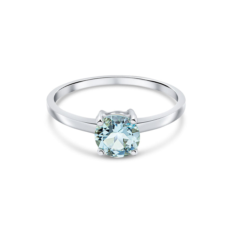 9ct White Gold Round Natural Aquamarine Claw Single Stone Ring — 6mm