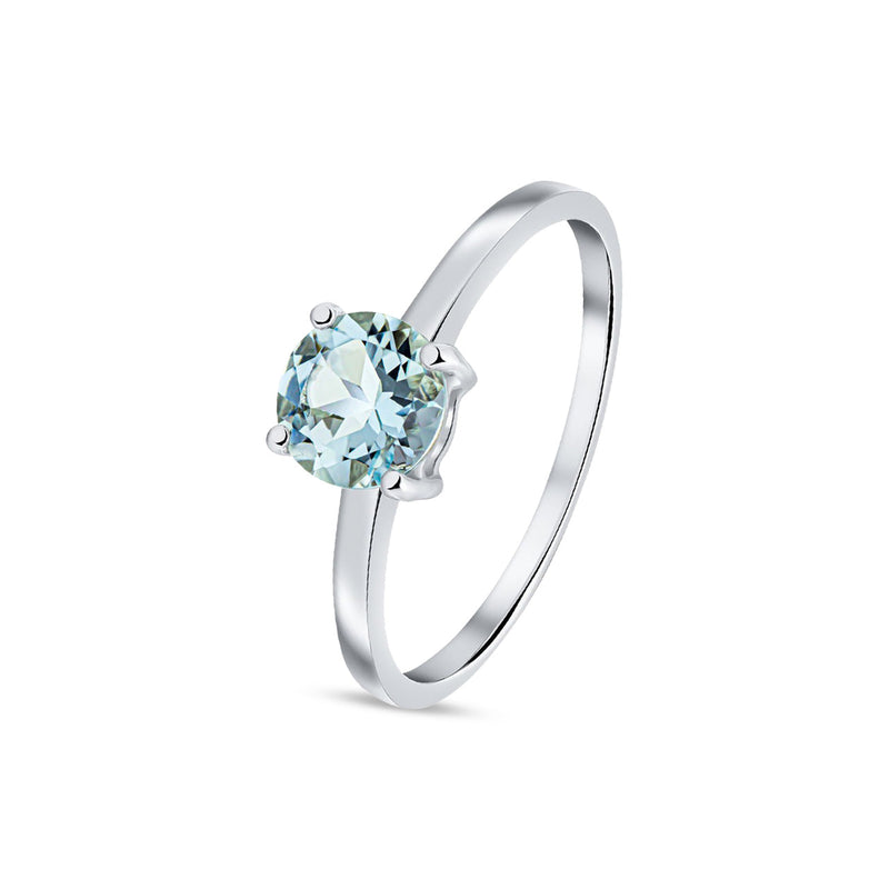 9ct White Gold Round Natural Aquamarine Claw Single Stone Ring — 6mm