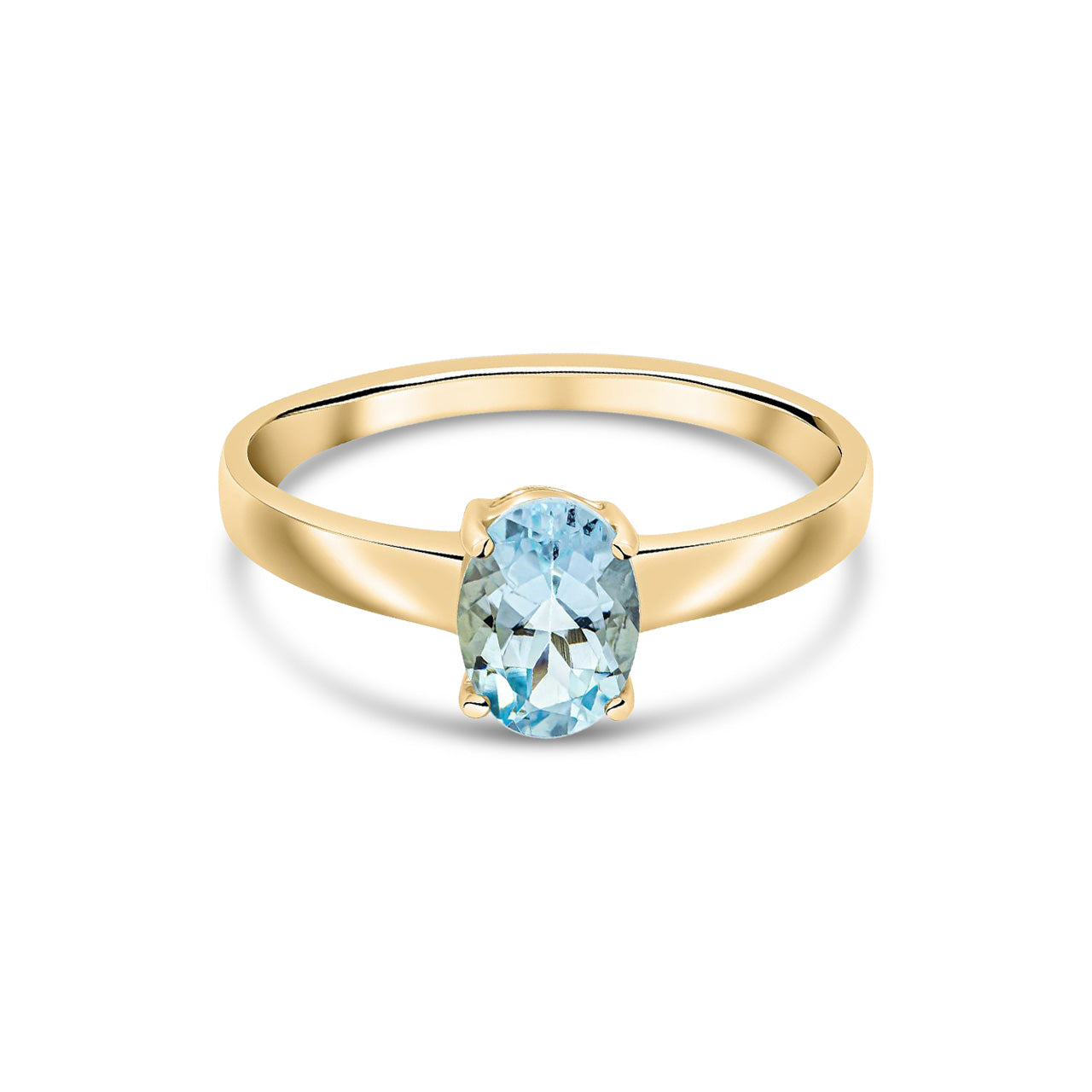 9ct Yellow Gold Oval Natural Aquamarine Claw Single Stone Ring — 7x5mm
