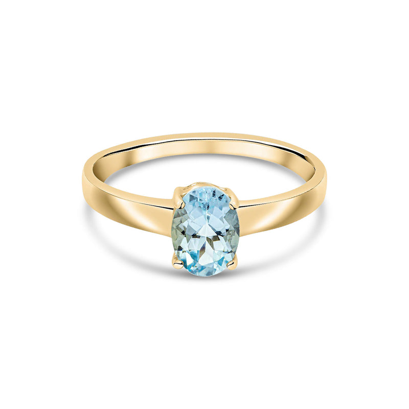 9ct Yellow Gold Oval Natural Aquamarine Claw Single Stone Ring — 7x5mm