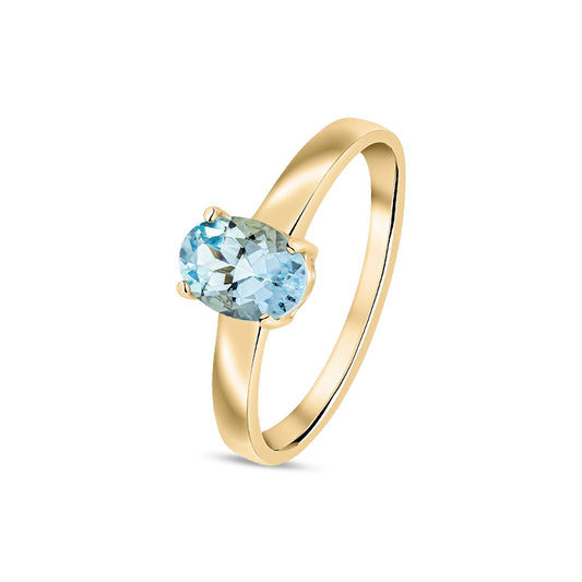 9ct Yellow Gold Oval Natural Aquamarine Claw Single Stone Ring — 7x5mm
