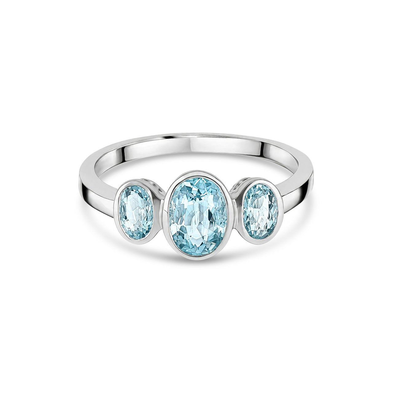 9ct White Gold Oval Natural Aquamarine Rubover Three Stone Ring