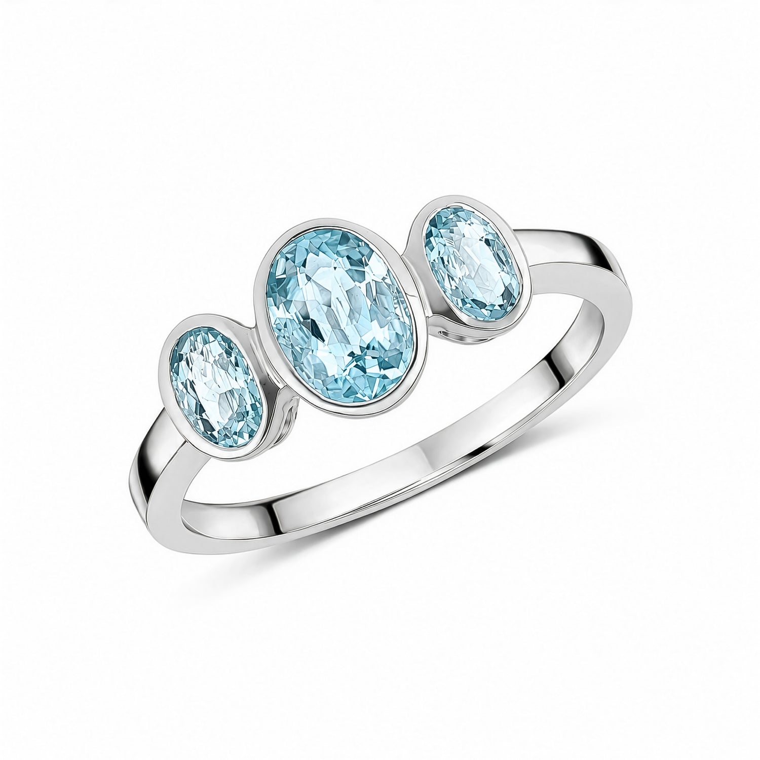 9ct White Gold Oval Natural Aquamarine Rubover Three Stone Ring — 7x5mm