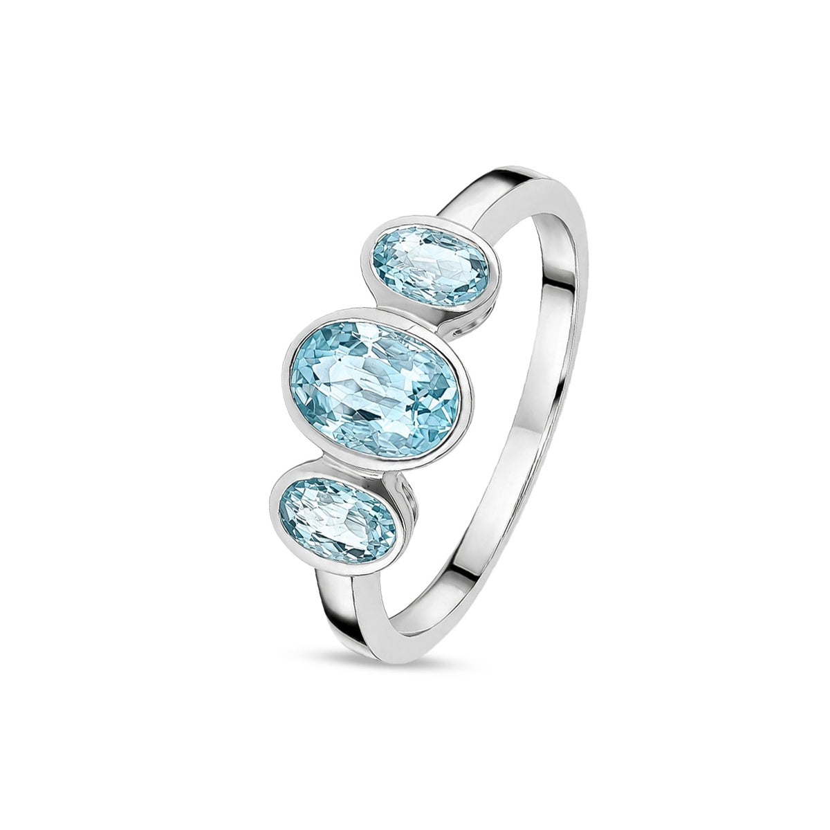 9ct White Gold Oval Natural Aquamarine Rubover Three Stone Ring