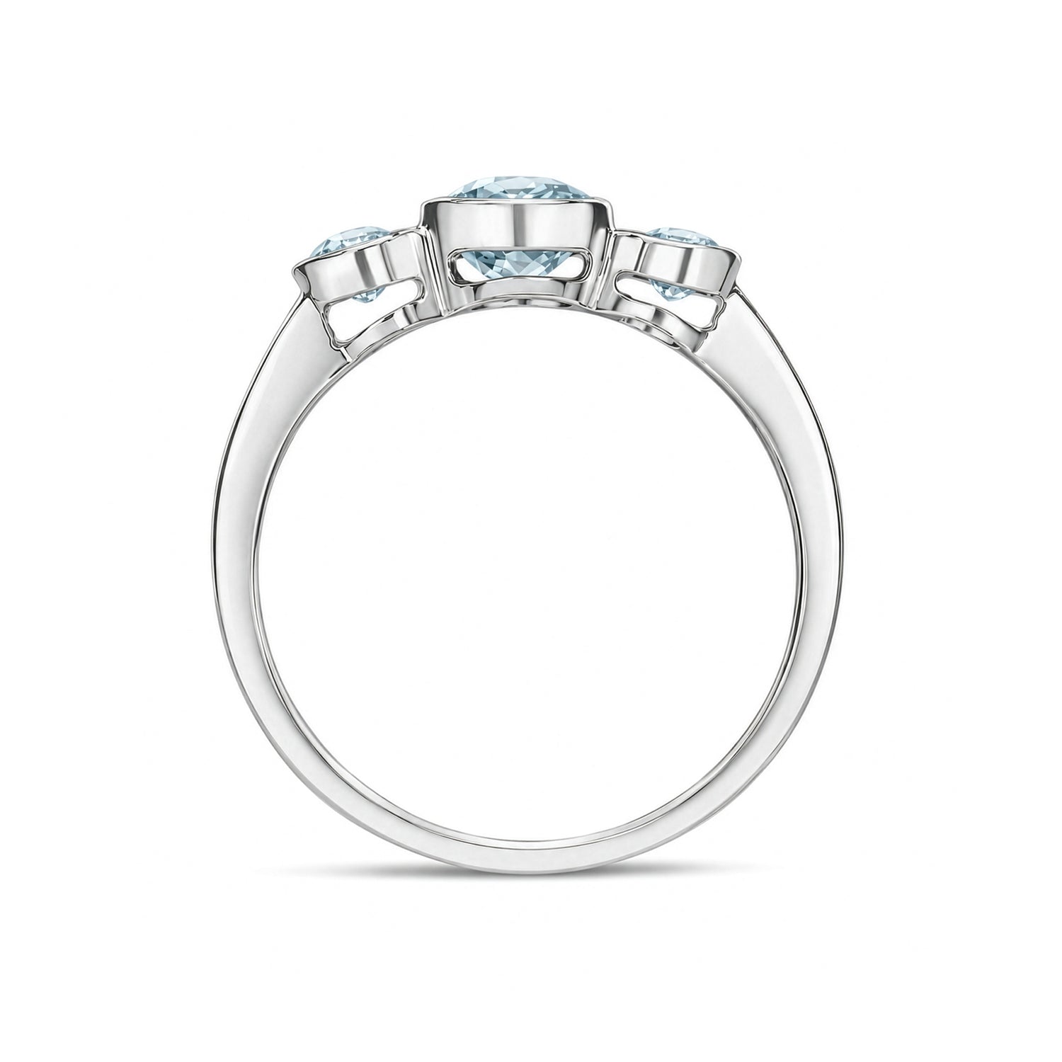 9ct White Gold Oval Natural Aquamarine Rubover Three Stone Ring — 7x5mm