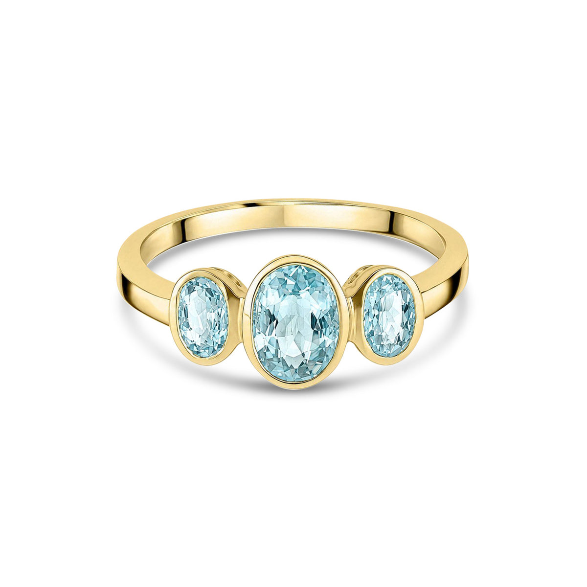 9ct Yellow Gold Oval Natural Aquamarine Rubover Three Stone Ring