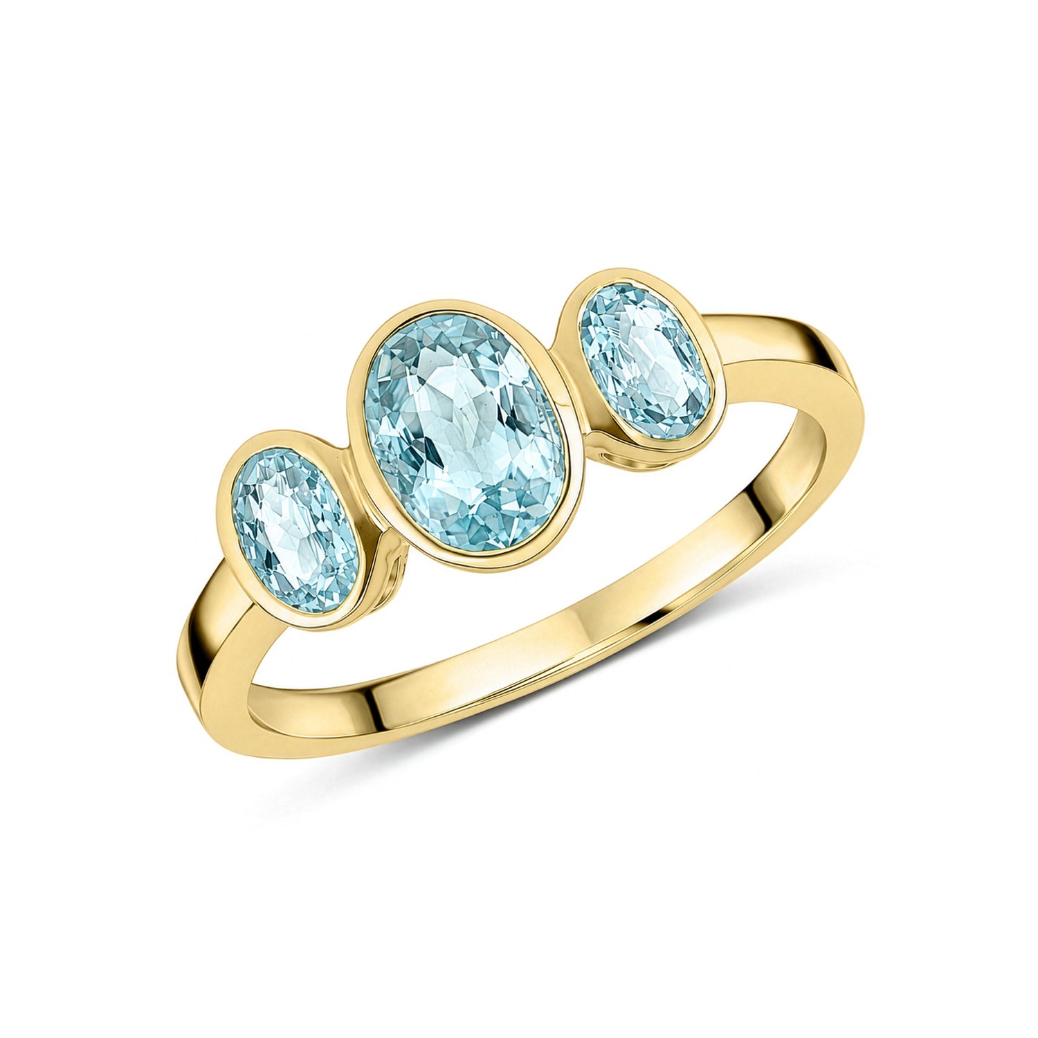 9ct Yellow Gold Oval Natural Aquamarine Rubover Three Stone Ring — 7x5mm
