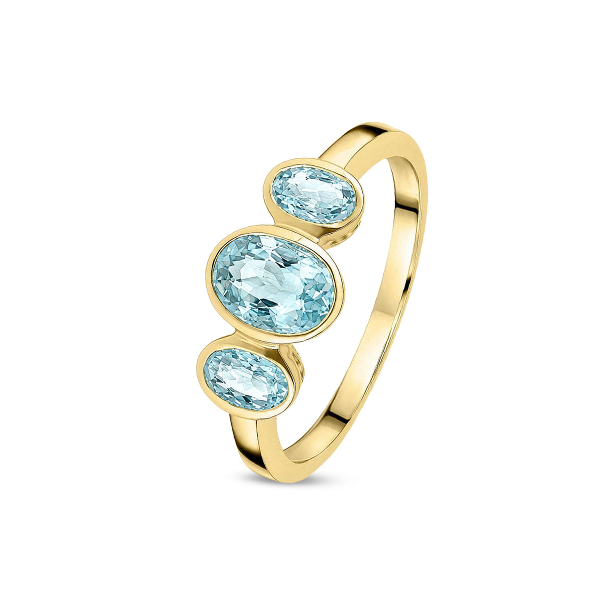 9ct Yellow Gold Oval Natural Aquamarine Rubover Three Stone Ring