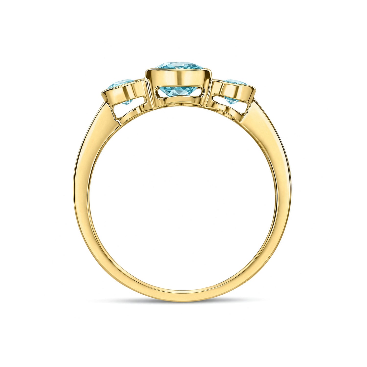 9ct Yellow Gold Oval Natural Aquamarine Rubover Three Stone Ring — 7x5mm