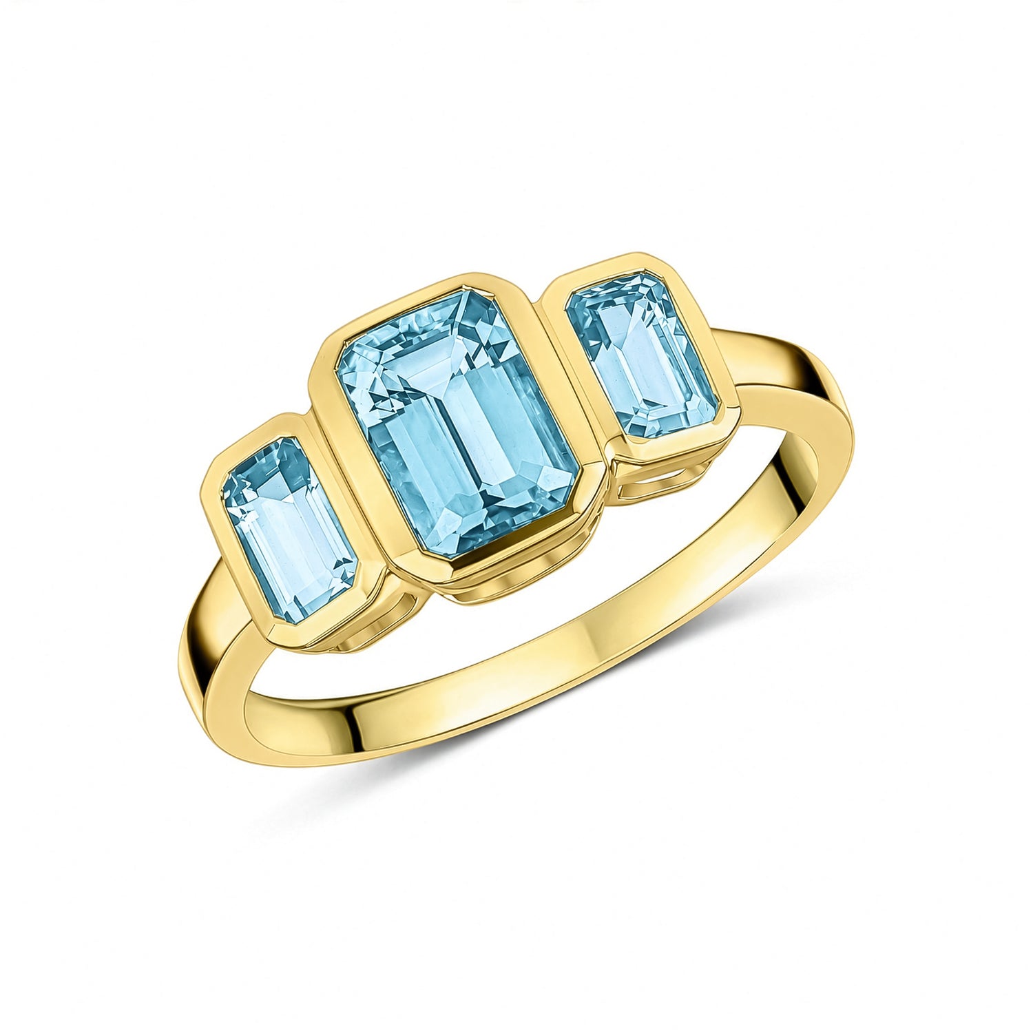 9ct Yellow Gold Octagonal Natural Aquamarine Rubover Set Three Stone Ring — 6x4mm